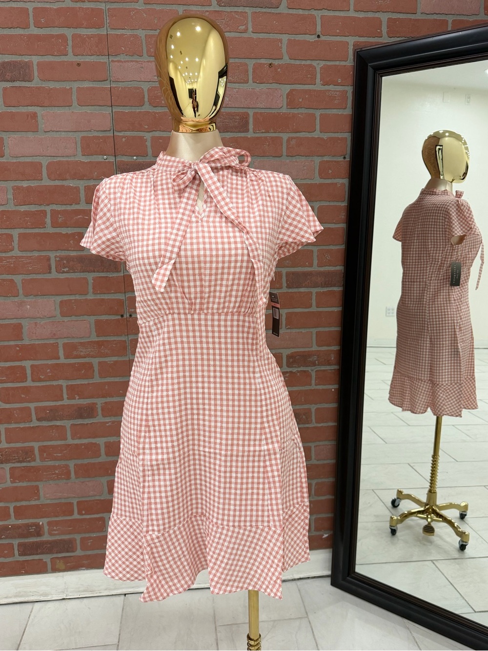 Pink Gingham Tie-Neck Fit & Flare Dress